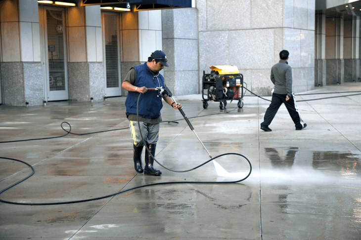 A hot water pressure washer is ideal for cleaning places with high traffic and where grease and grime are present