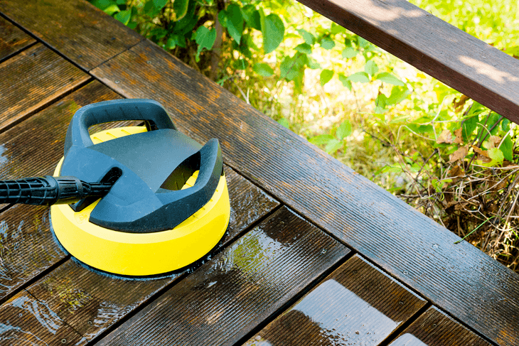 For wooden decks, use a surface cleaner suitable for pressure washers with 2000 to 2500 psi. This is because high water pressure can leave mark on the wooden surface and may eventually damage it